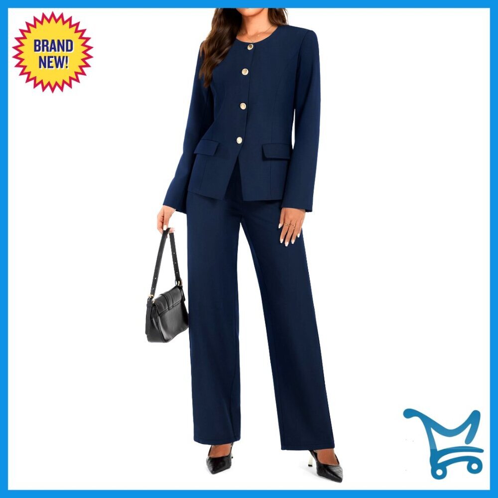 2 Piece Business Casual Suit Set Crew Neck Blazer Wide Leg Pants